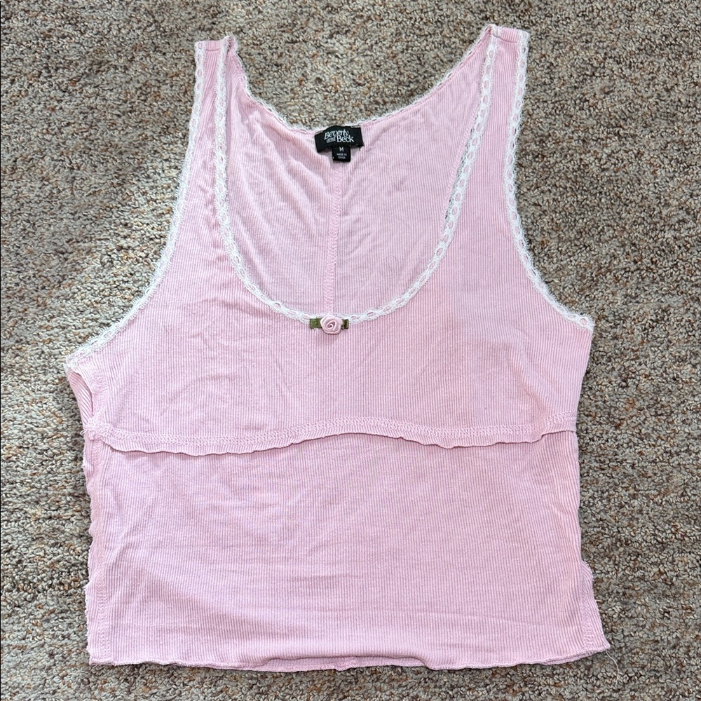 Pink Lace Trim Tank Top